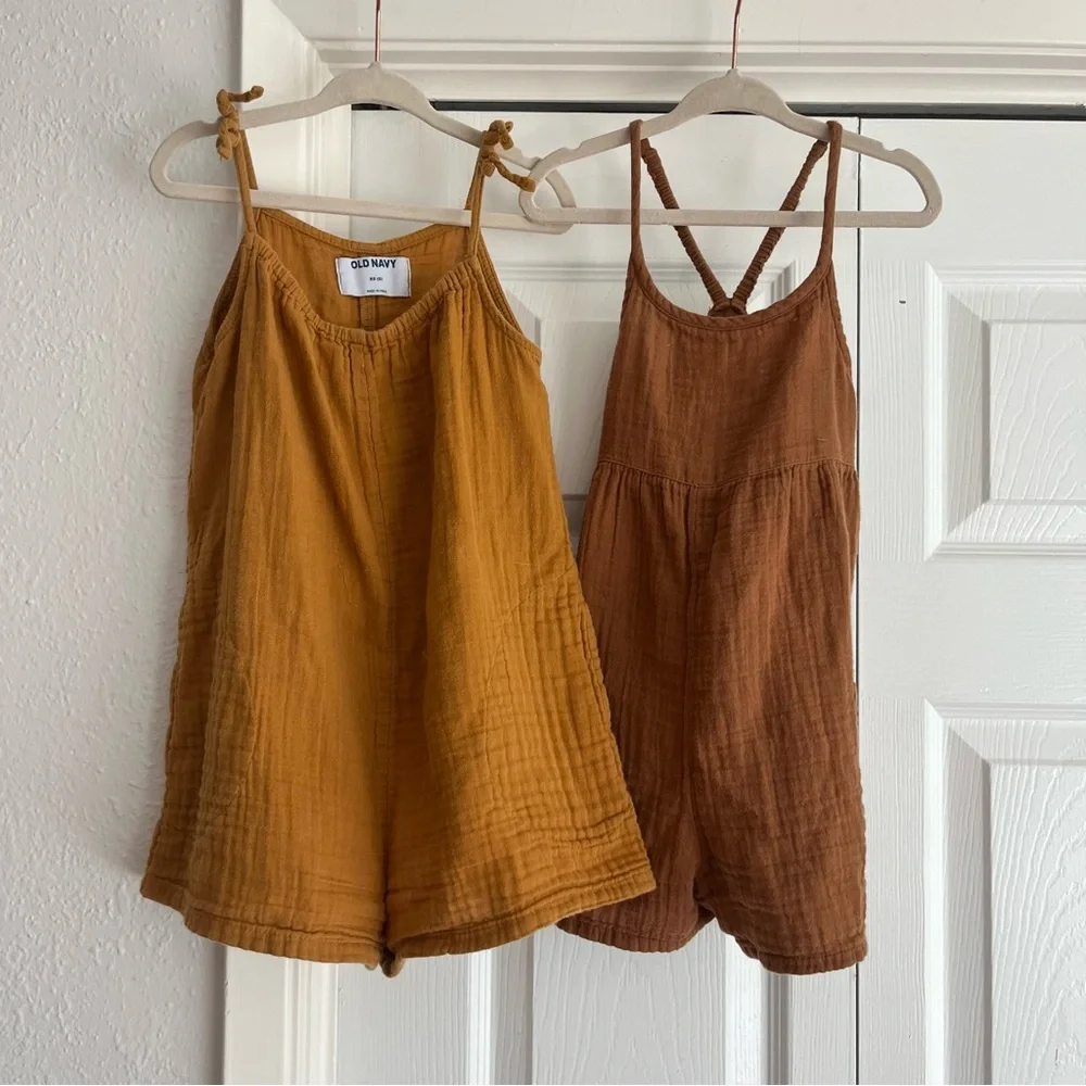 Old Navy Tan Brown and Gold Muslin Cotton Rompers